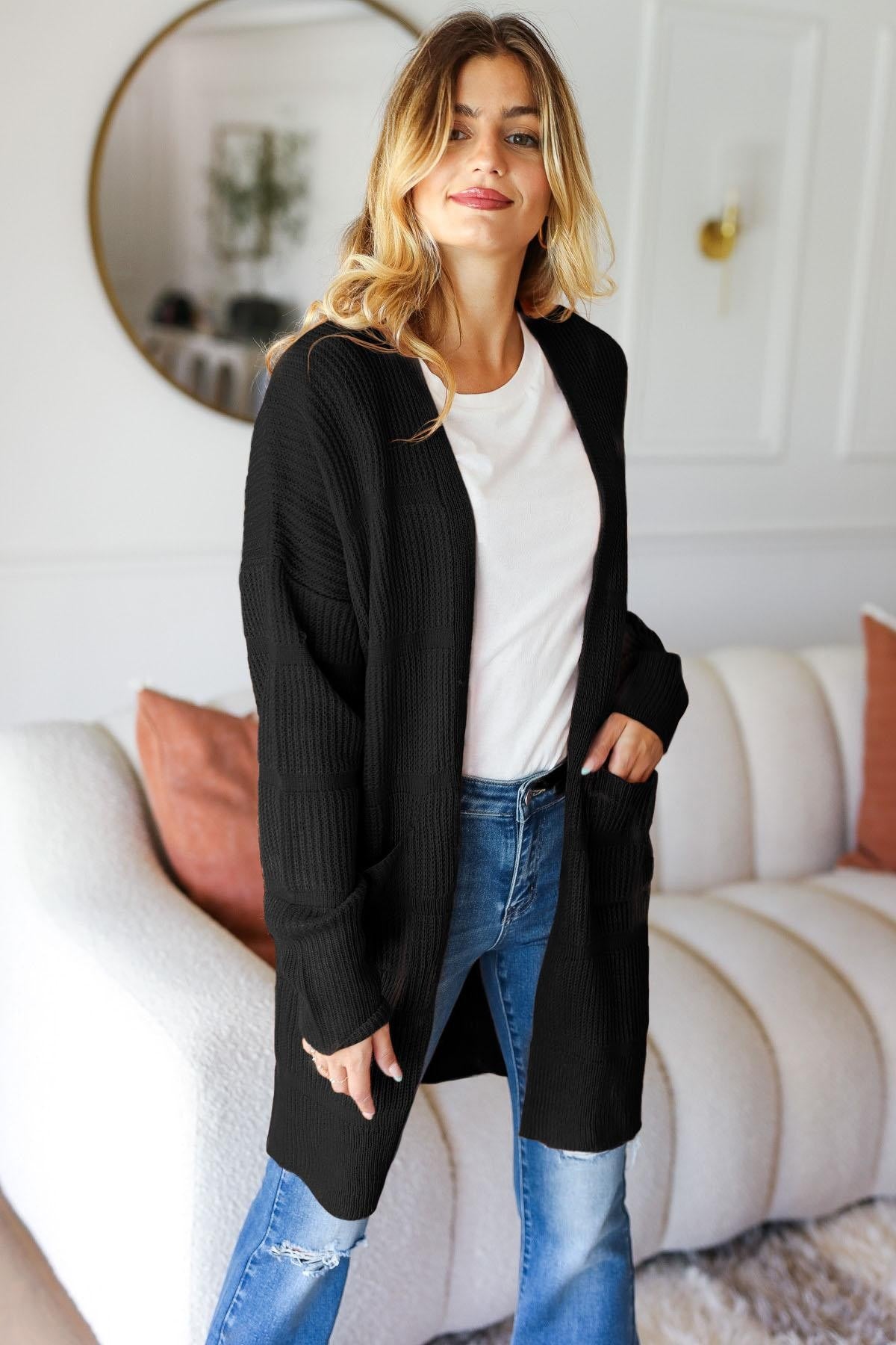 STRIPE TEXTURED OPEN CARDIGAN WITH POCKETS