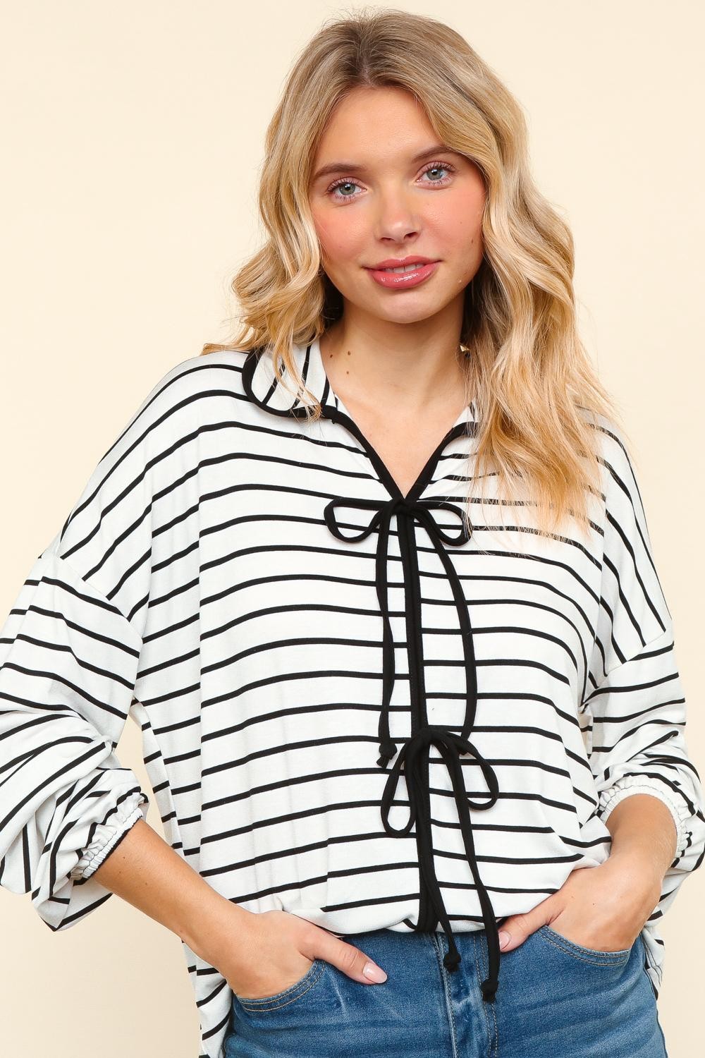 RIBBON BOW DETAIL LONG SLEEVE LOOSE FIT KNIT TOP