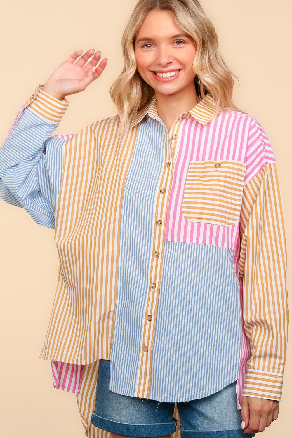 PLUS STRIPE PATCHWORK BUTTON DOWN WOVEN TOP