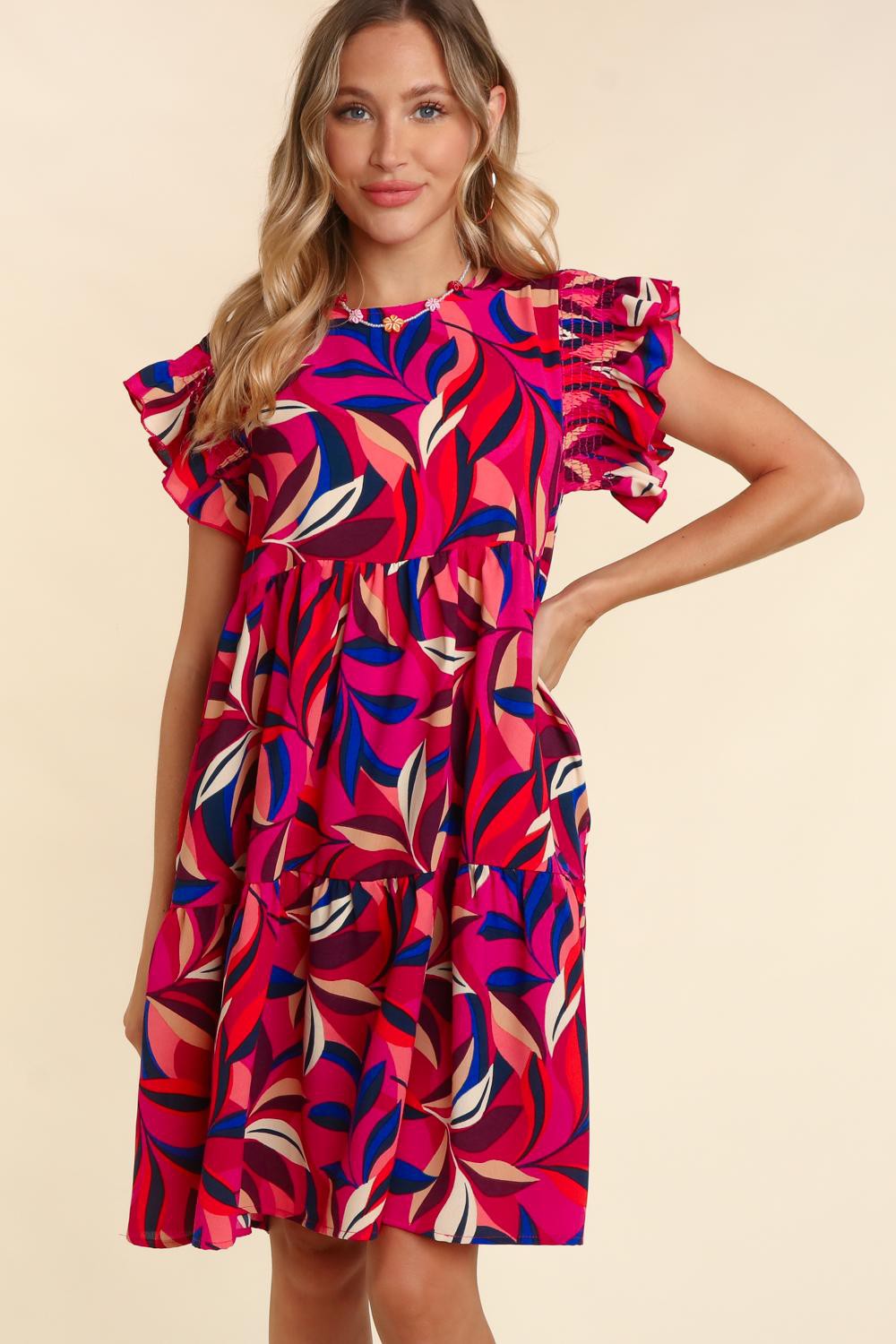 Plus Berry Royal Geometric Tiered Floral Side Pockets Dress