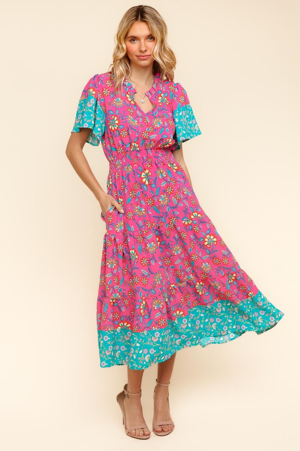 FLORAL NOTCH NECK MAXI LENGTH W/ SIDE POCKETS