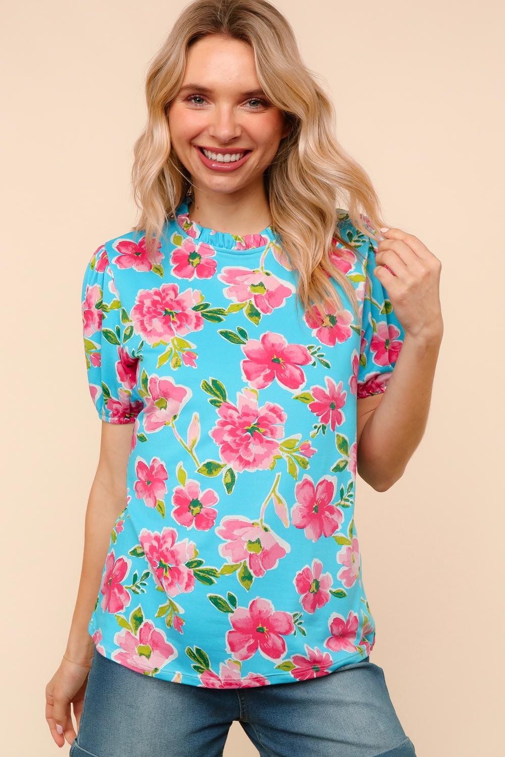 Aqua Floral Print Knit Top W/Back Keyhole