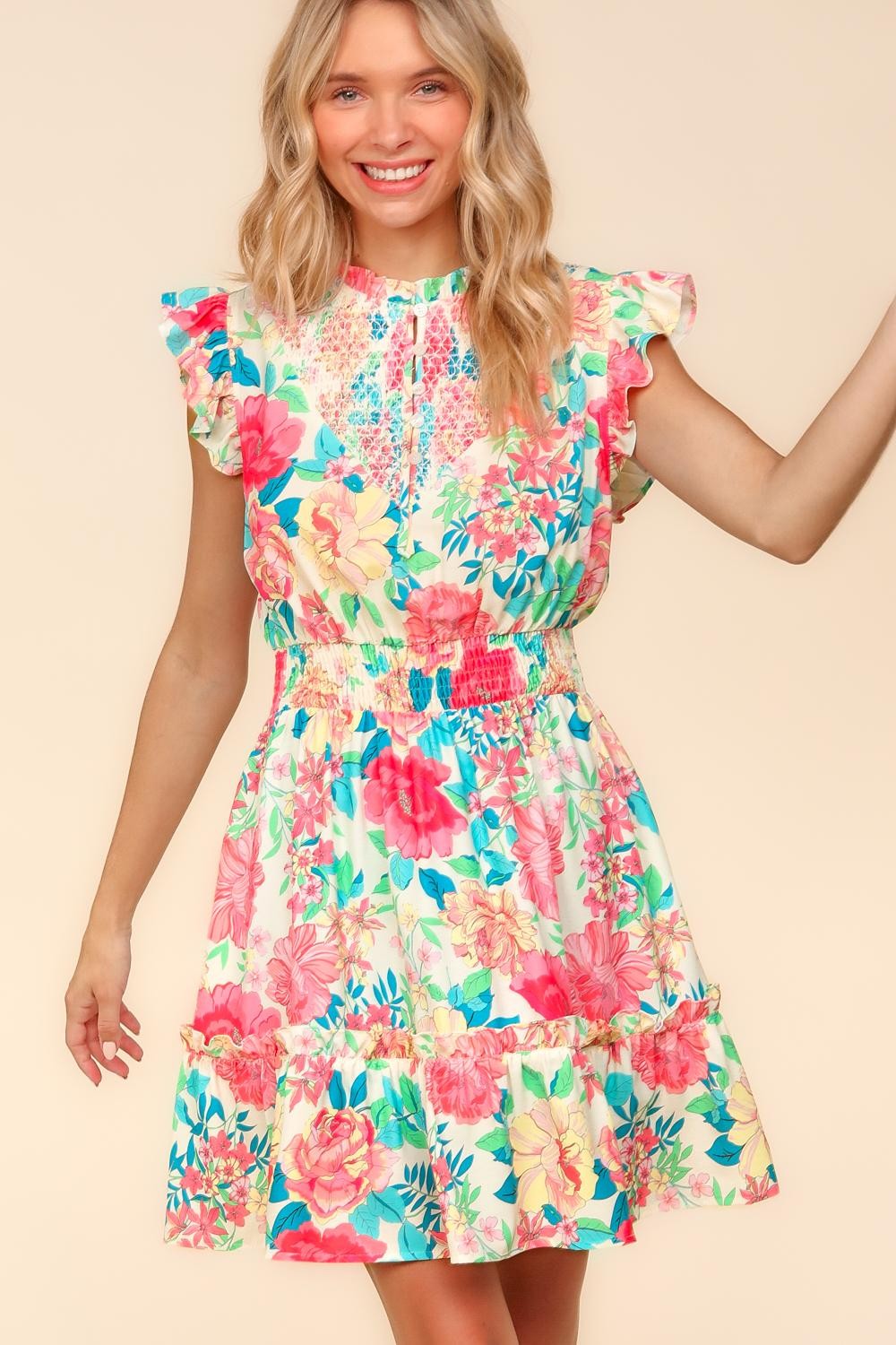 FLORAL MINI LENGTH DRESS WITH SIDE POCKETS
