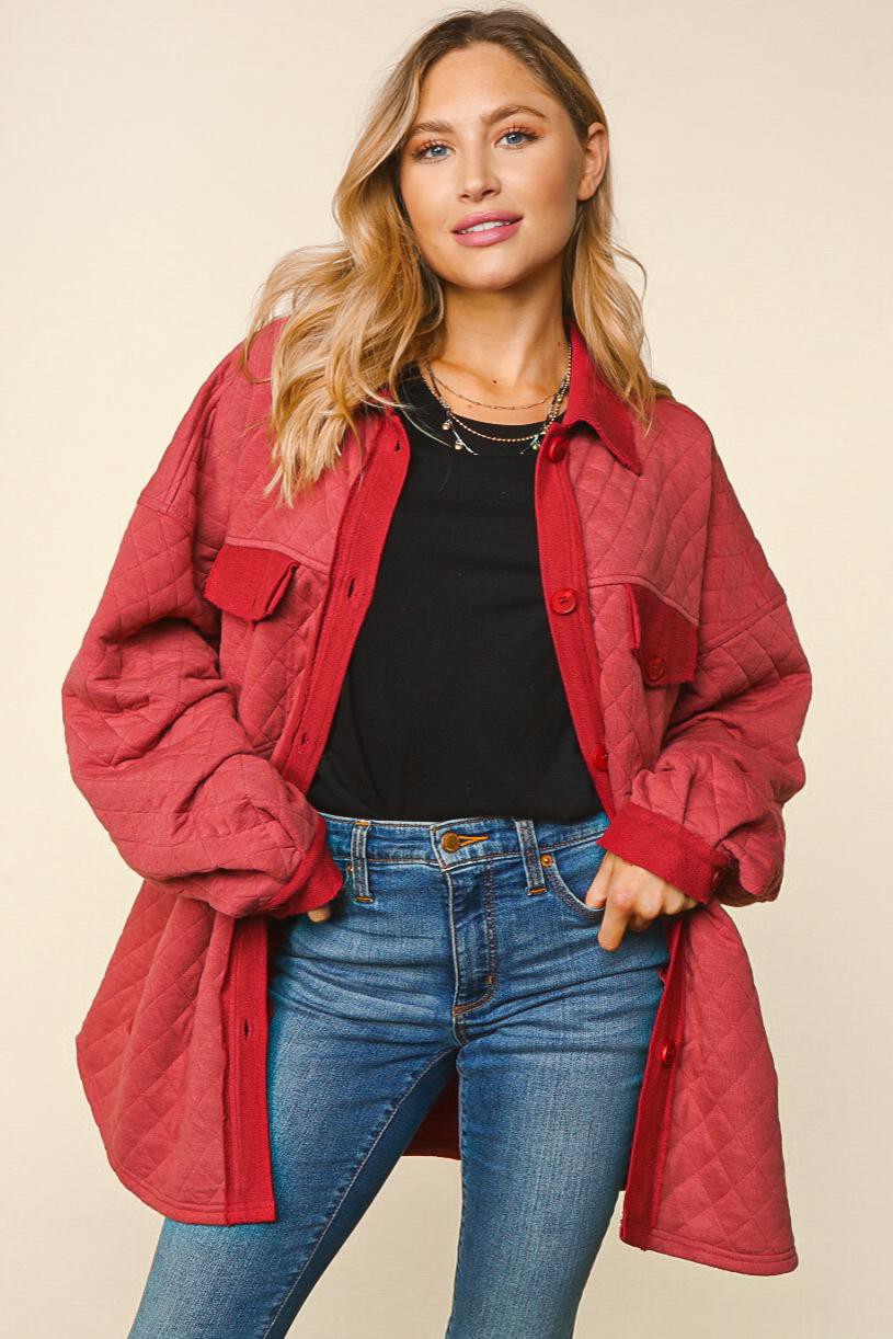 MARSALA QUILTED KNIT OVERSIZED BUTTON DOWN SHACKET