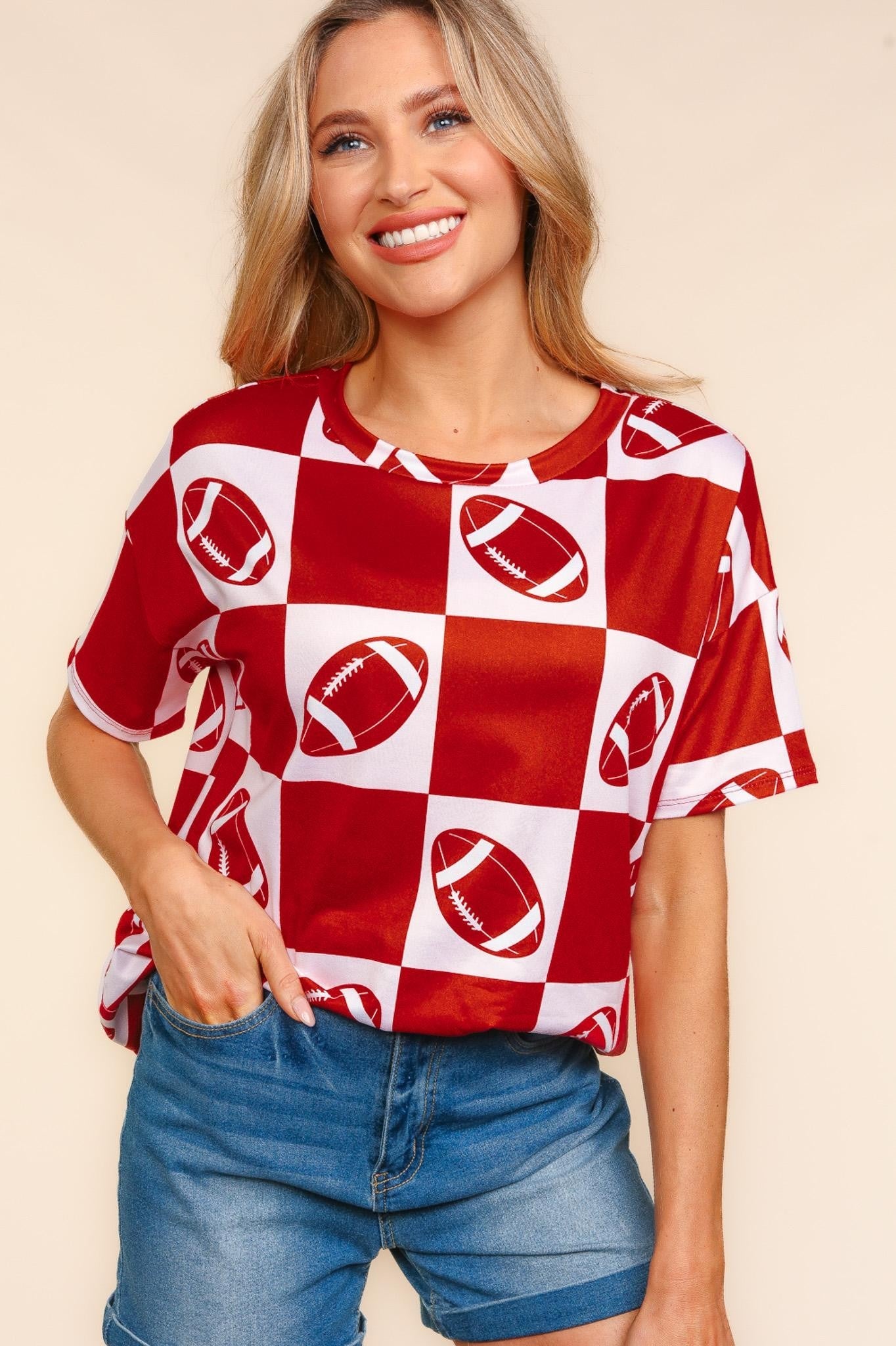 AUBURN GAME DAY FOOTBALL, CHECKER PRINT KNIT TOP