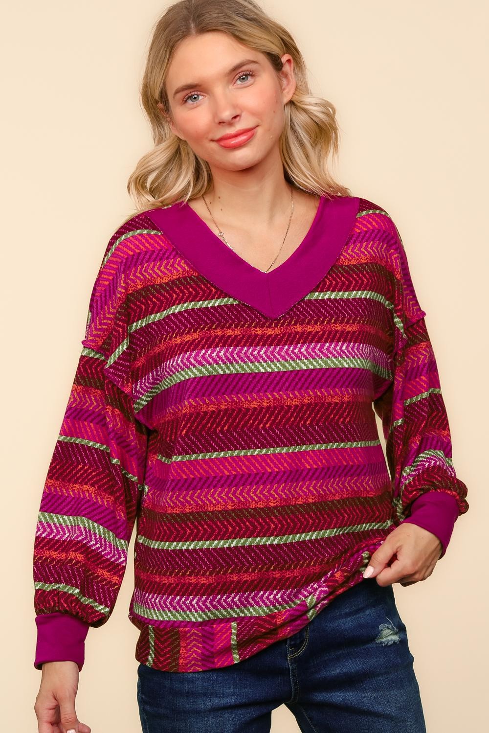 V NECK DROP SHOULDER STRIPE PRINT SWEATER TOP
