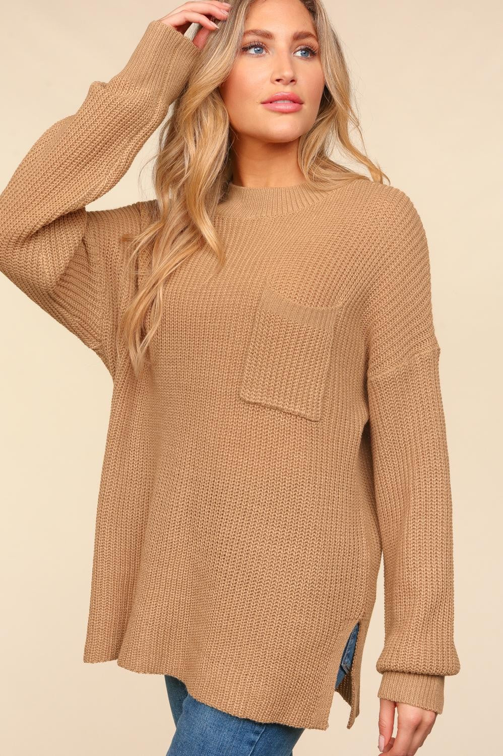 Taupe Mock Neck Oversized Pullover Sweater Knit Top