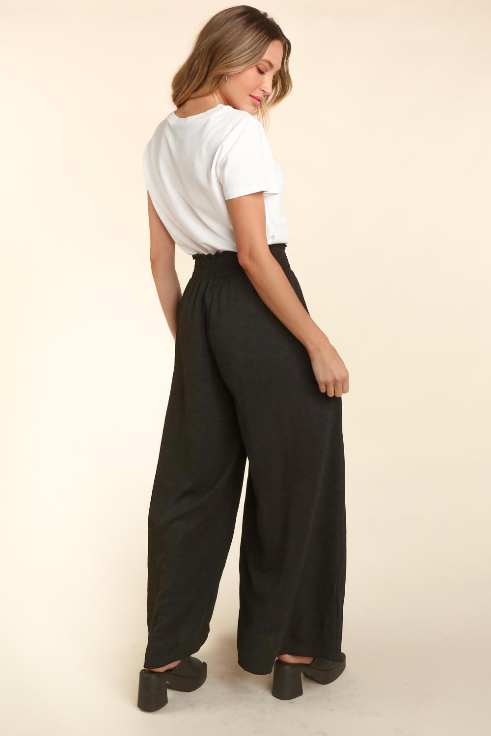 Black Smocked Waist Wide Leg with Side Pockets