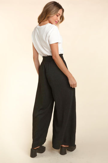 Black Smocked Waist Wide Leg with Side Pockets