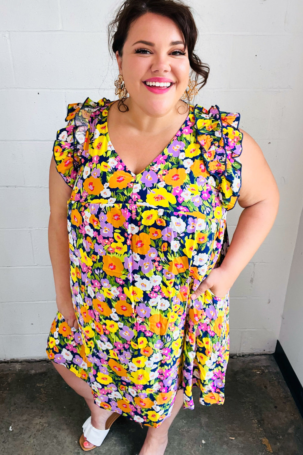 Indigo & Lemon Floral Babydoll Ruffle Dress (Open Pack)