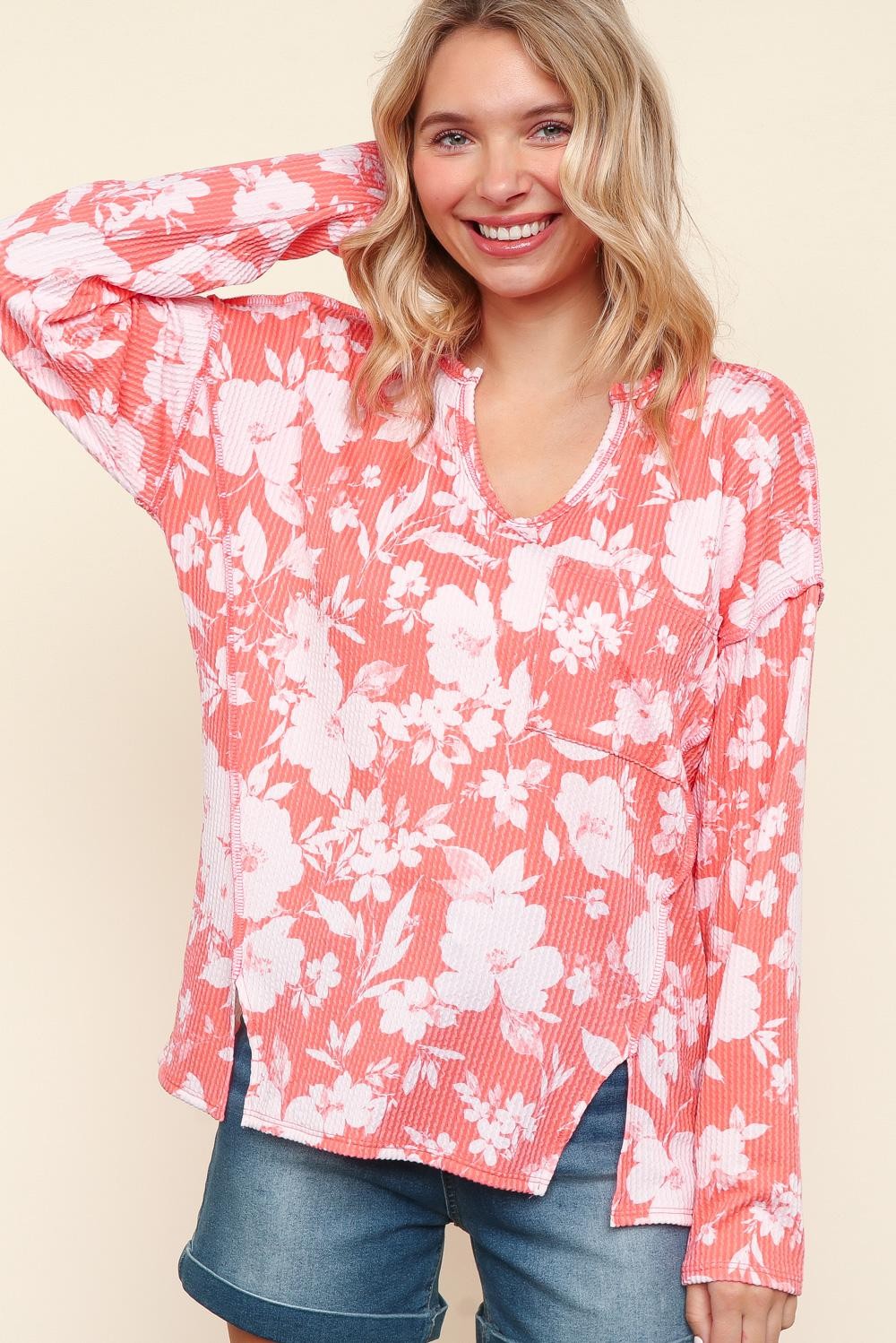 CORAL NOTCH NECK LONG SLEEVE FLORAL PRINT KNIT TOP