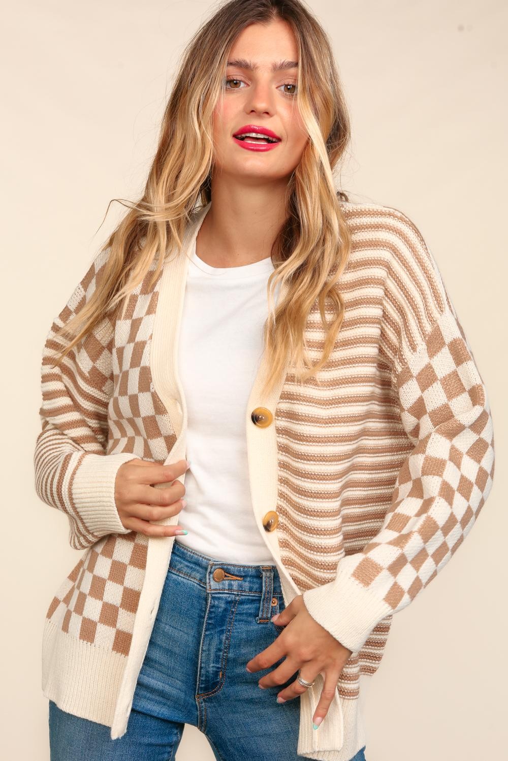 PLUS BUTTON DOWN CHECKER STRIPE SWEATER CARDIGAN
