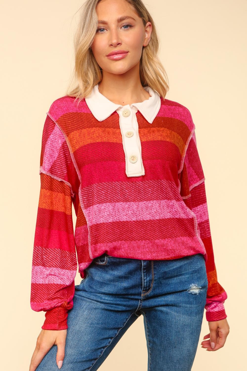 Collared Hacci Stripe Knit Top