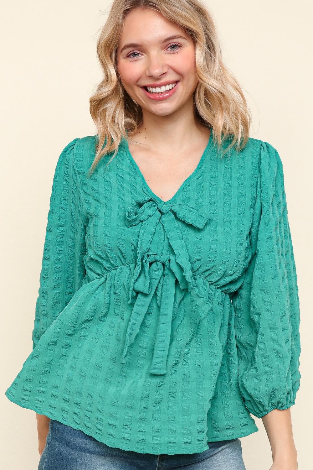 PLUS MINT V NECK SOLID RIBBON BOW BABYDOLL WOVEN BLOUSE