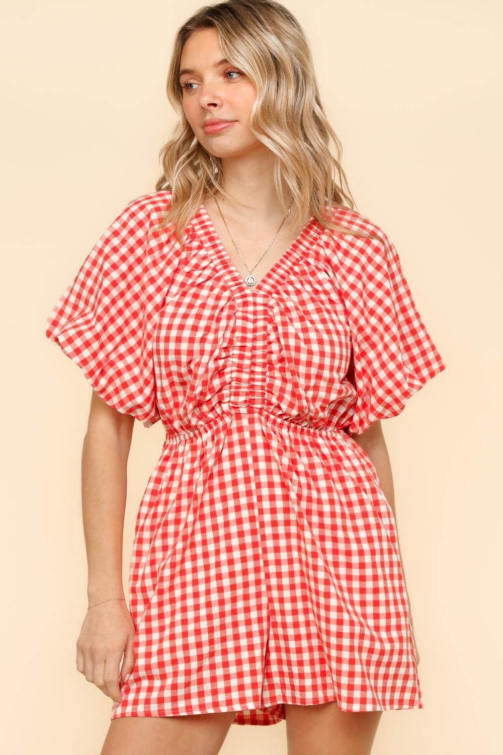 Red Gingham Check Woven Romper with Side Pockets