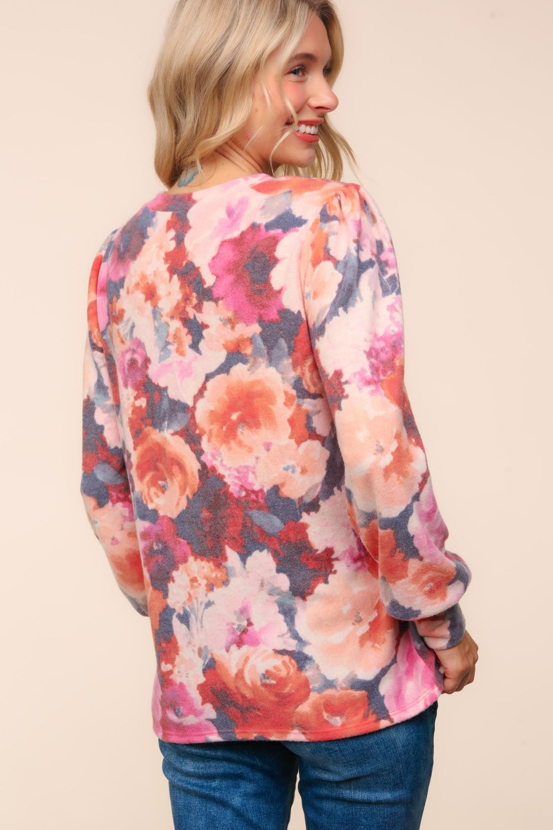 Round Neck Ruff Floral Brushed Hacci Knit Top