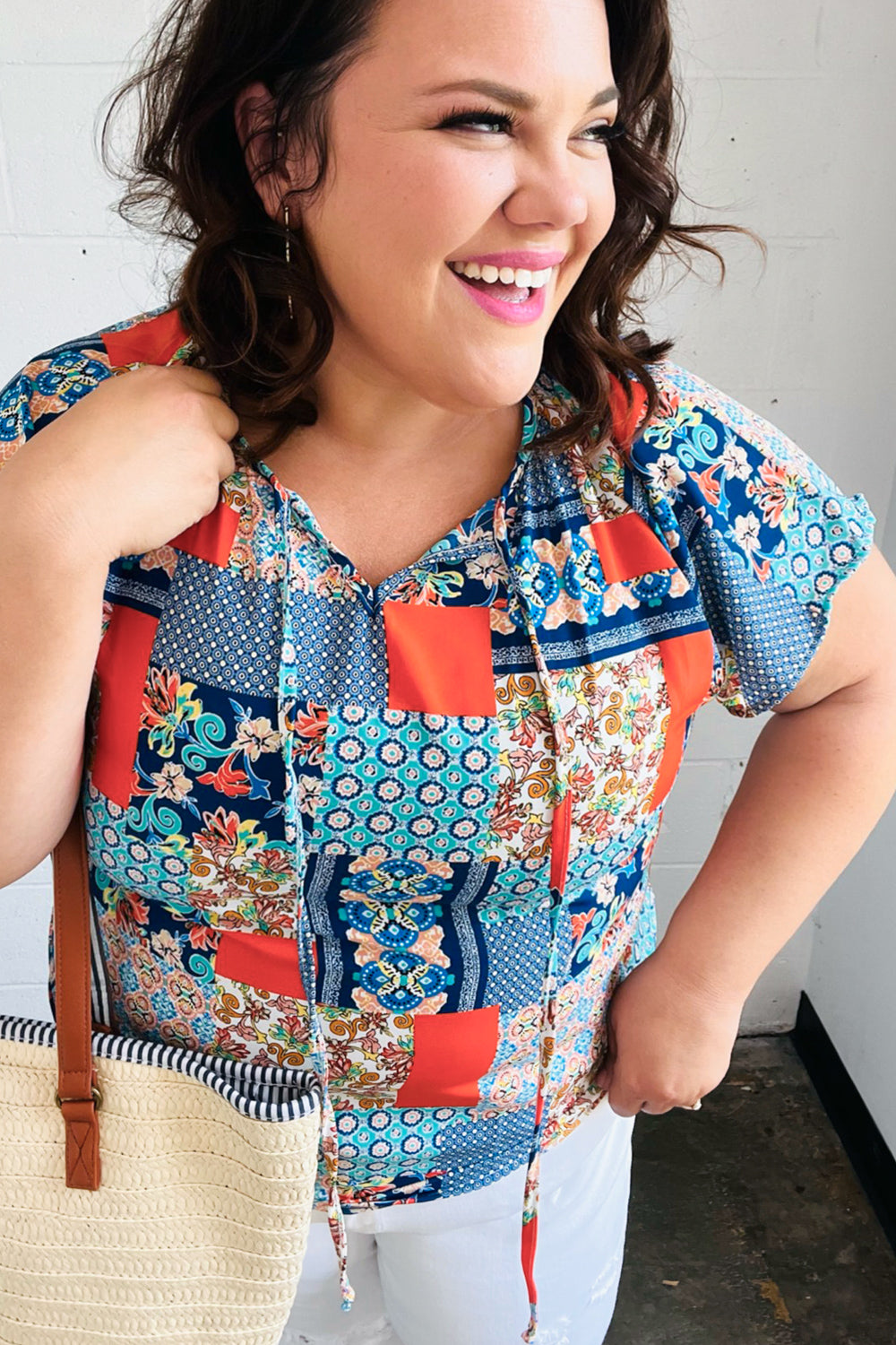 Blue & Orange Boho Patchwork Raglan Top (Open Pack)