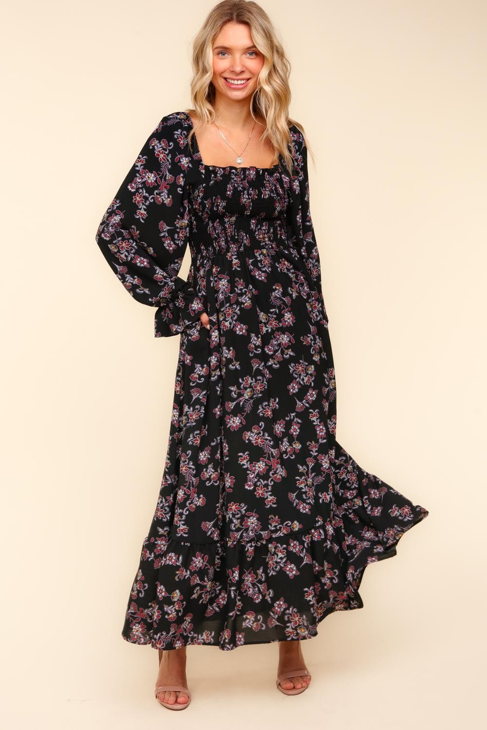 BABYDOLL FLORAL PRINT MAXI WITH SIDE POCKETS