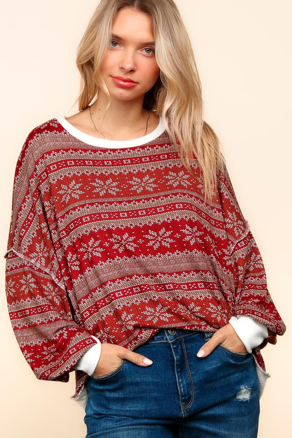 PLUS SNOW FLAKE PRINT SWEATER HACCI HOLIDAY TOP
