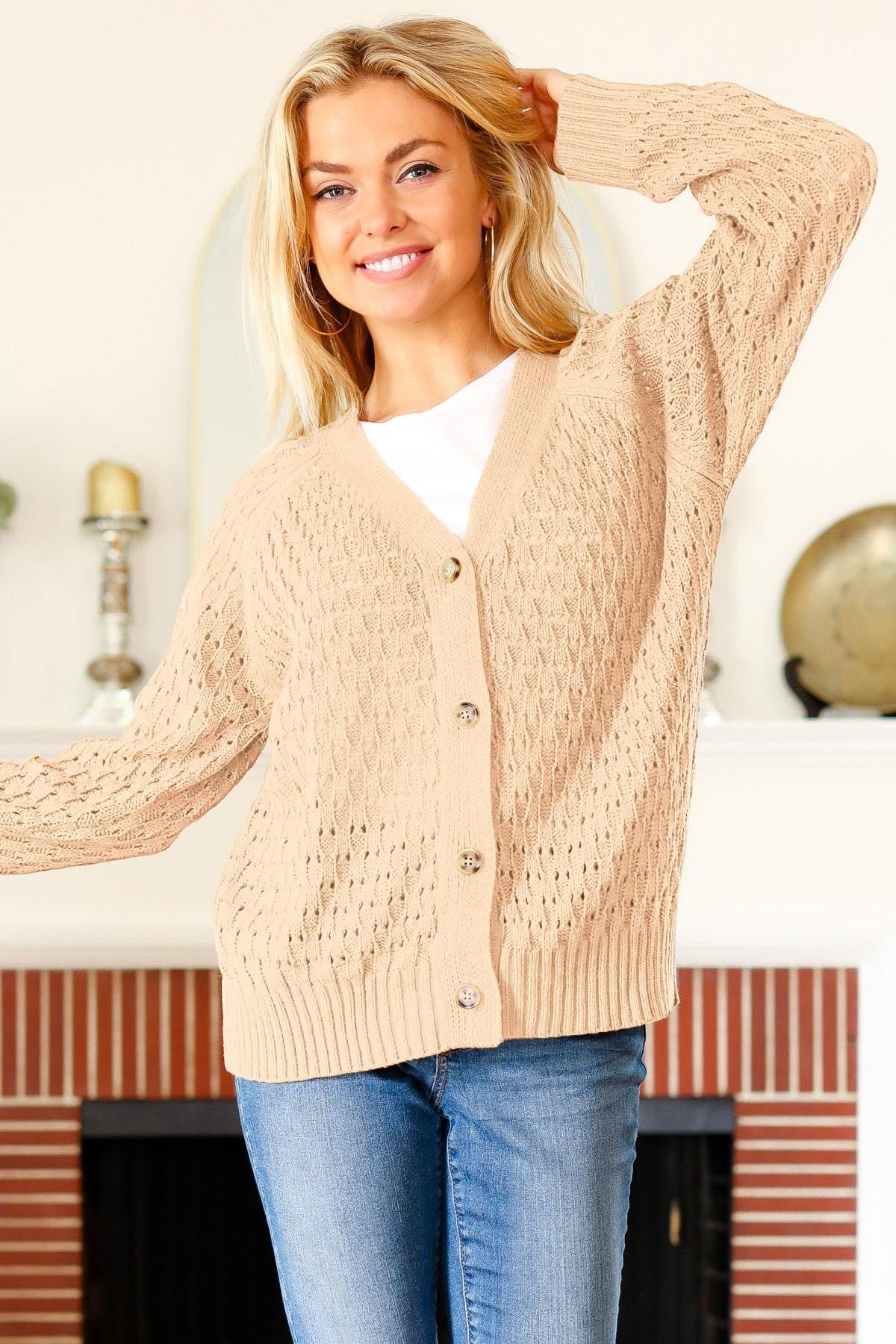 BUTTON DOWN POINTELLE SOLID SWEATER CARDIGAN