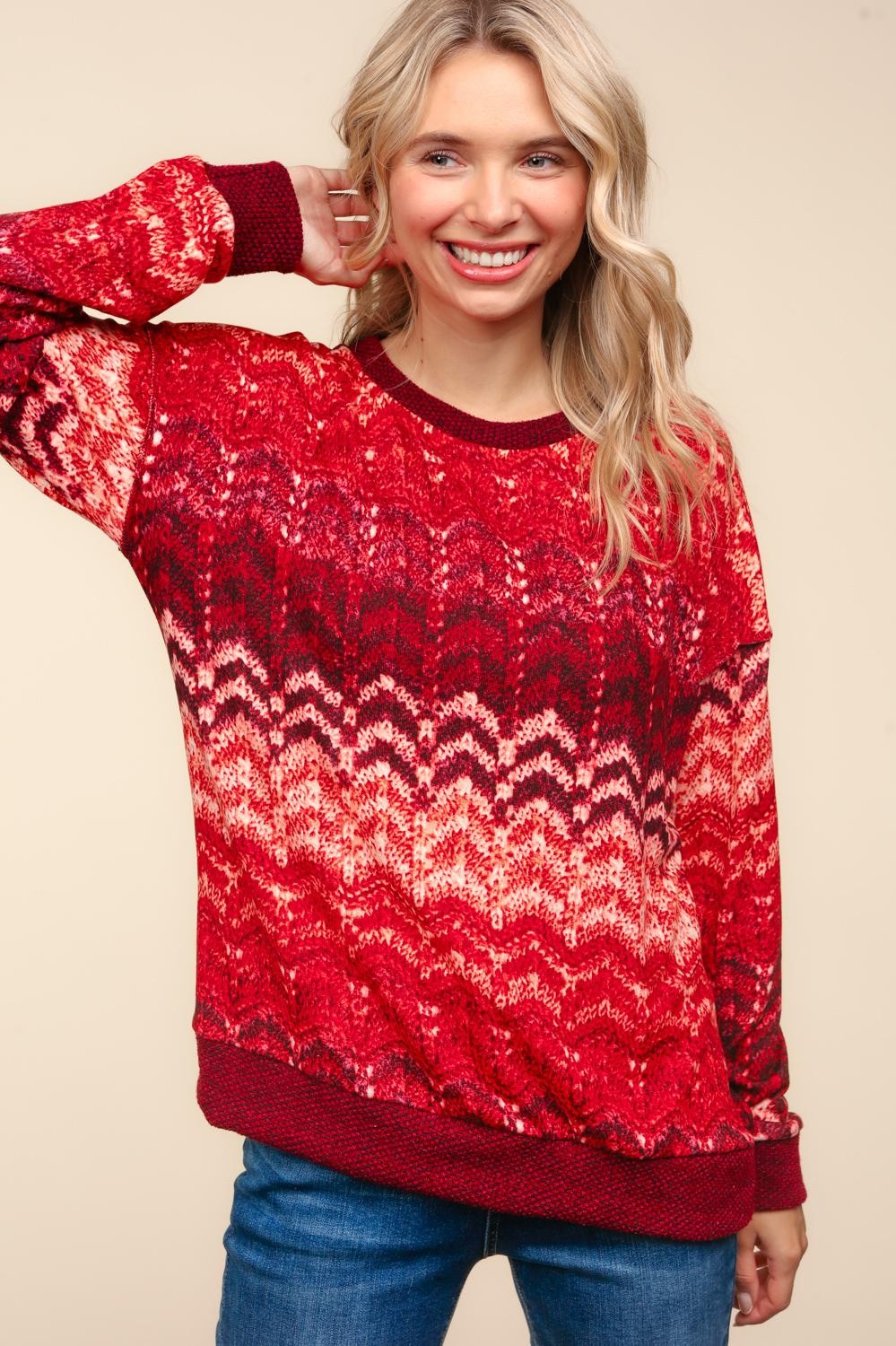 Oversized Cable Print Soft Hack Knit Top