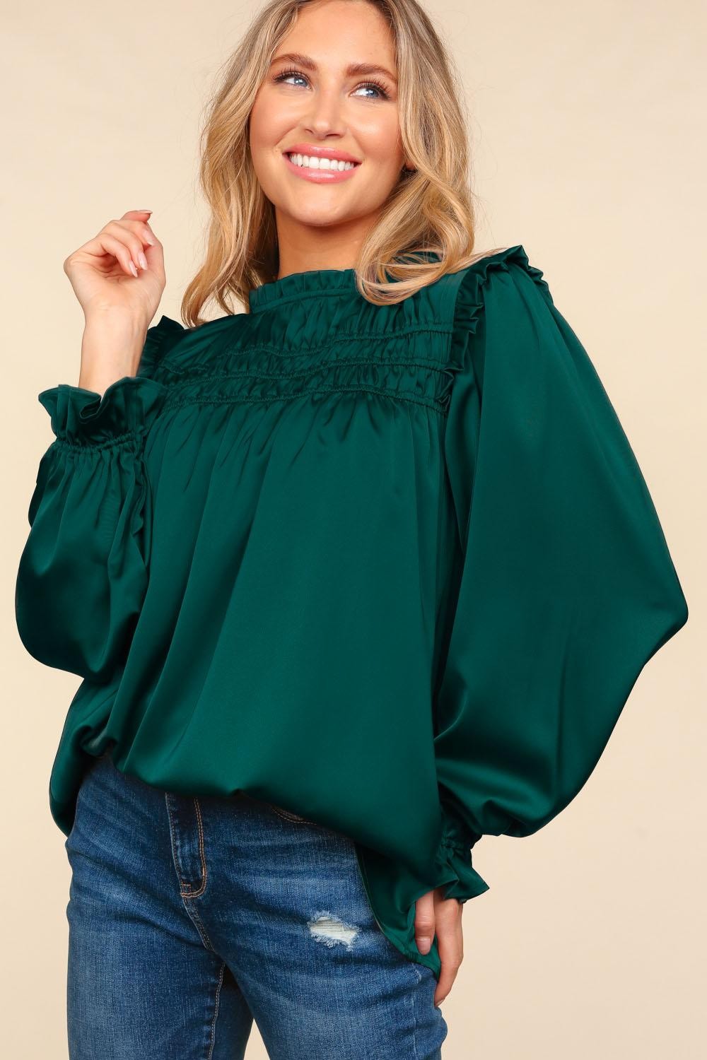 Plus Hunter Green Mock Neck Satin Woven Blouse Top