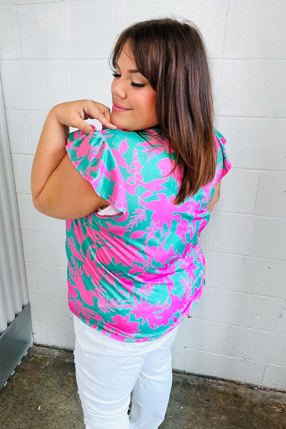 Pink & Green Floral Print Frilled Short Sleeve Yoke Top (Open Pack)