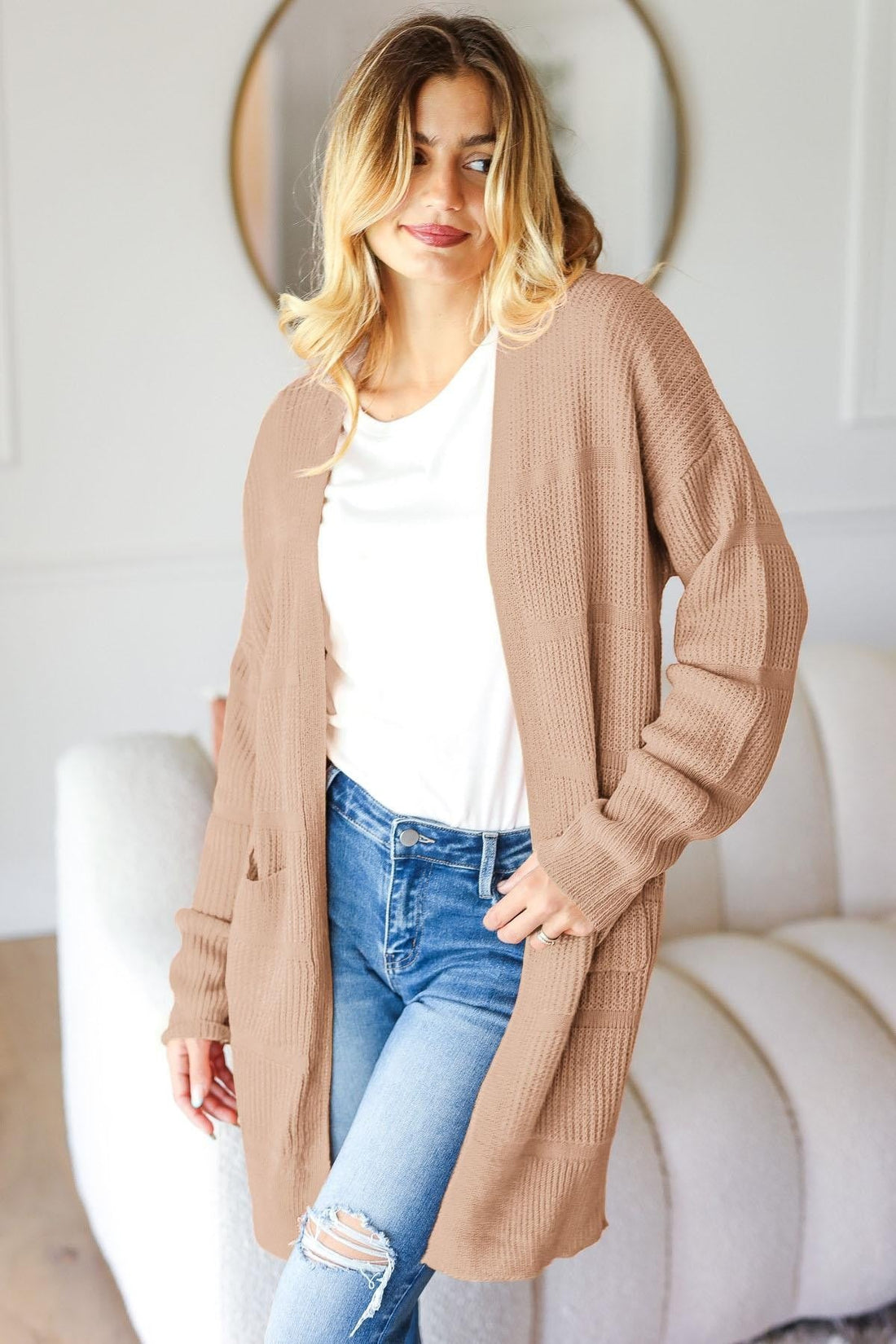 STRIPE TEXTURED OPEN CARDIGAN WITH POCKETS