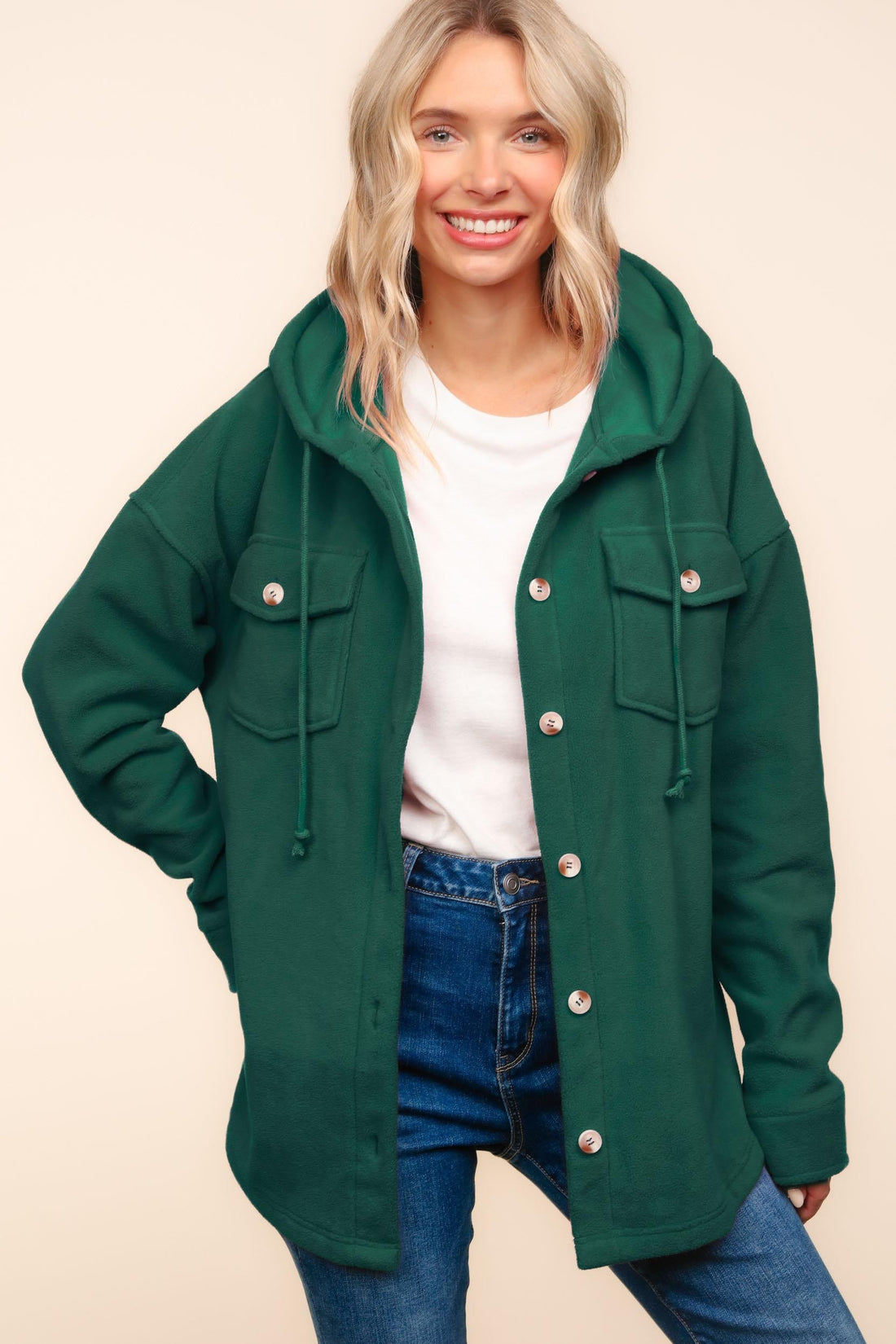 SOLID FLEECE BUTTON DOWN SHACKET WITH HOODIE
