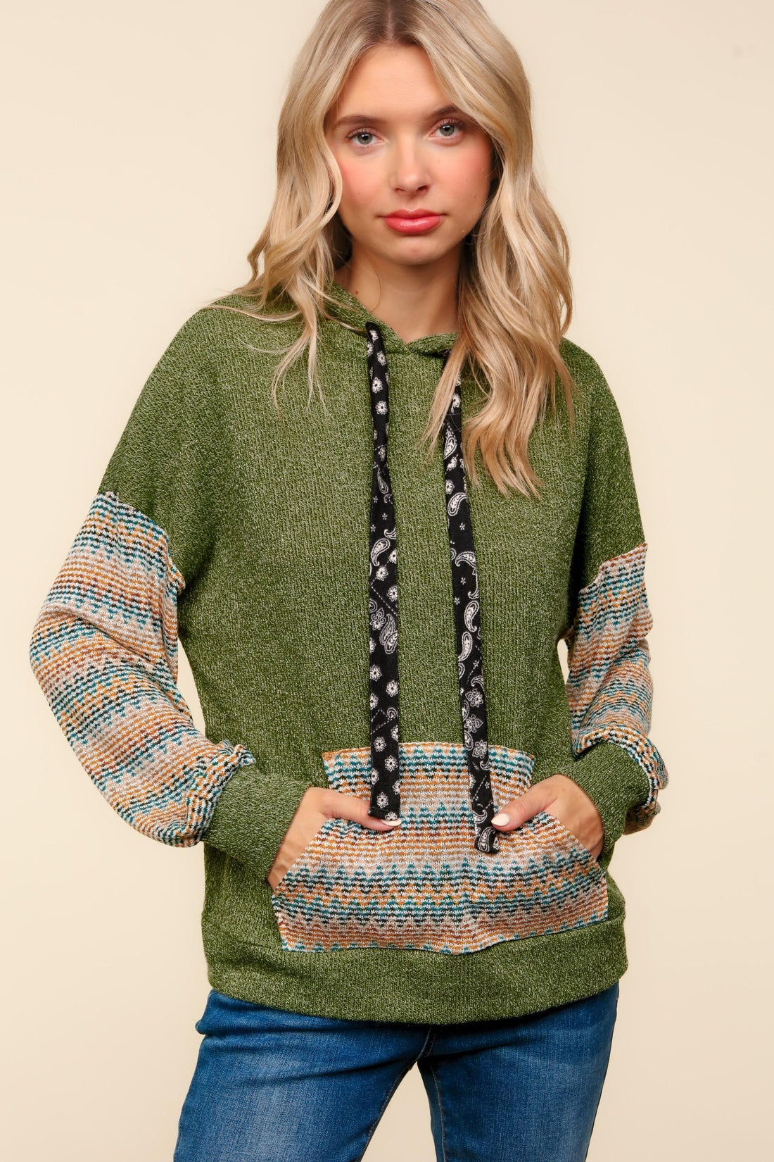 Plus Hacci Color Block Sweater Top with Hoodie