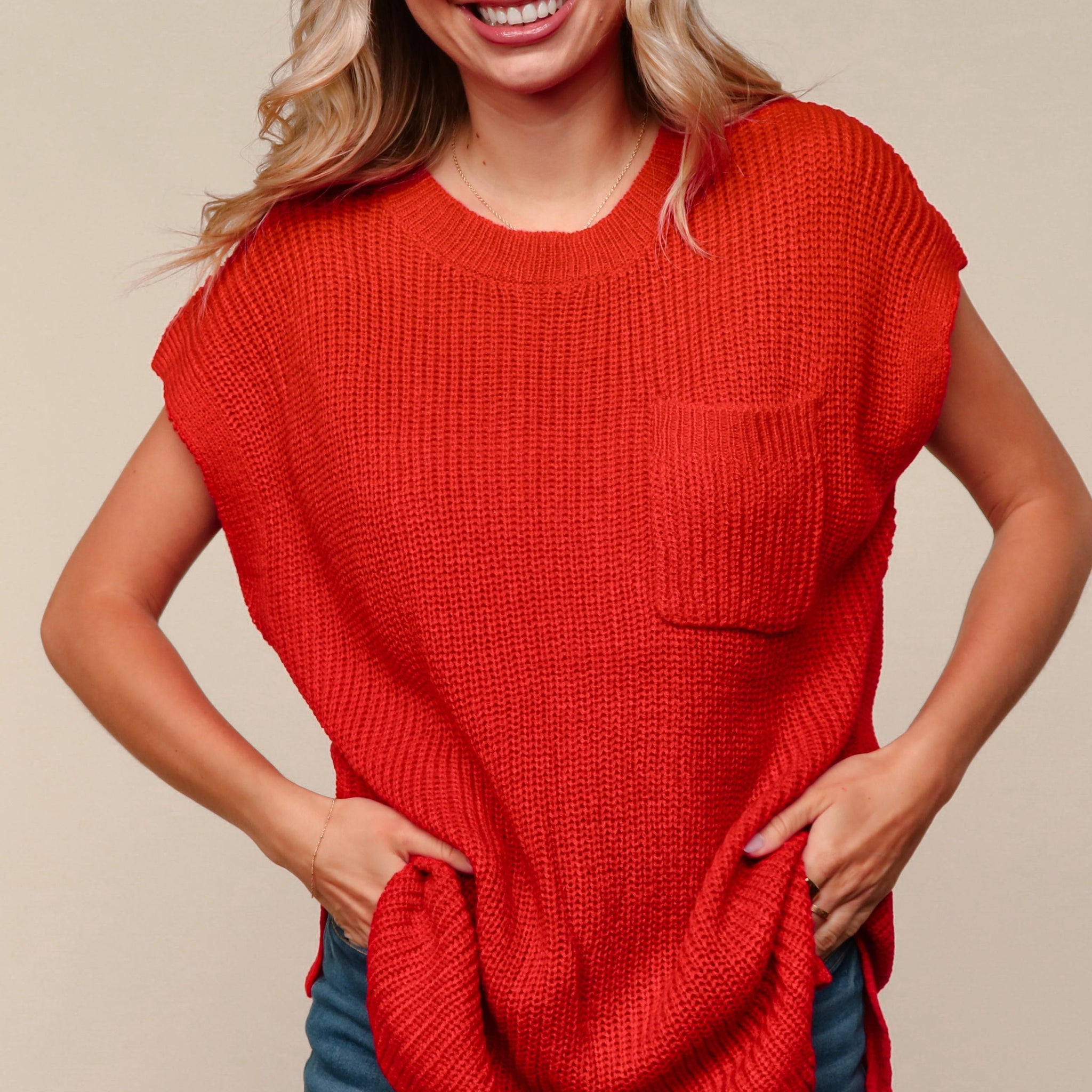 PLUS RED LOOSE FIT SOLID SWEATER KNIT TOP WITH POCKET