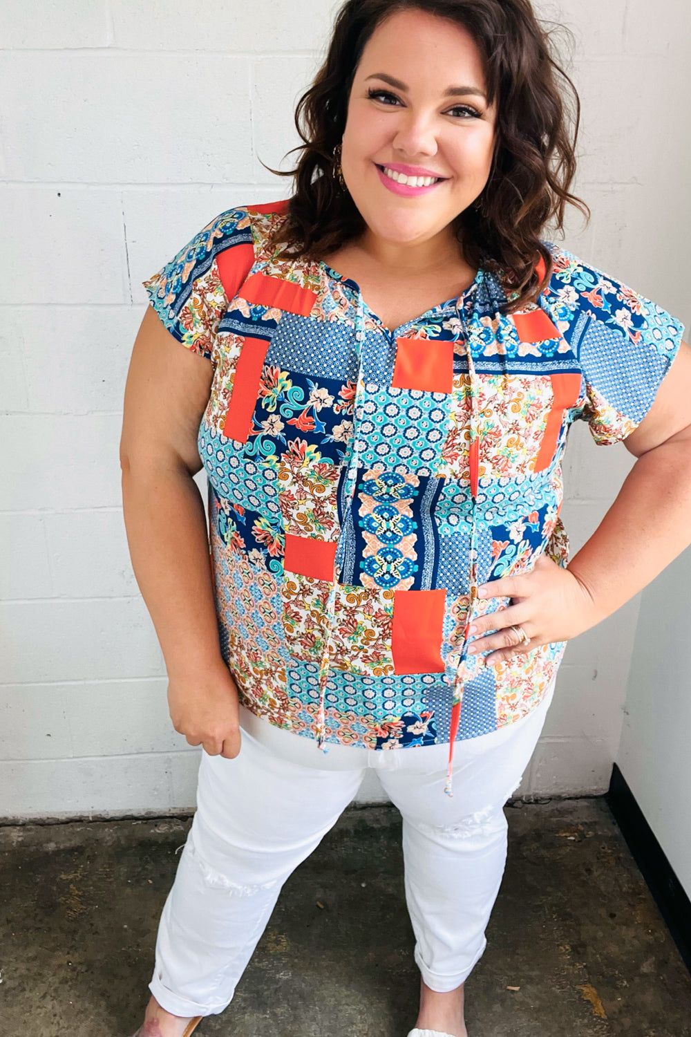 Blue & Orange Boho Patchwork Raglan Top (Open Pack)