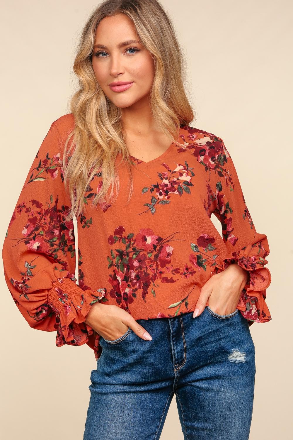Rust V Neck Floral Print Woven Blouse Top