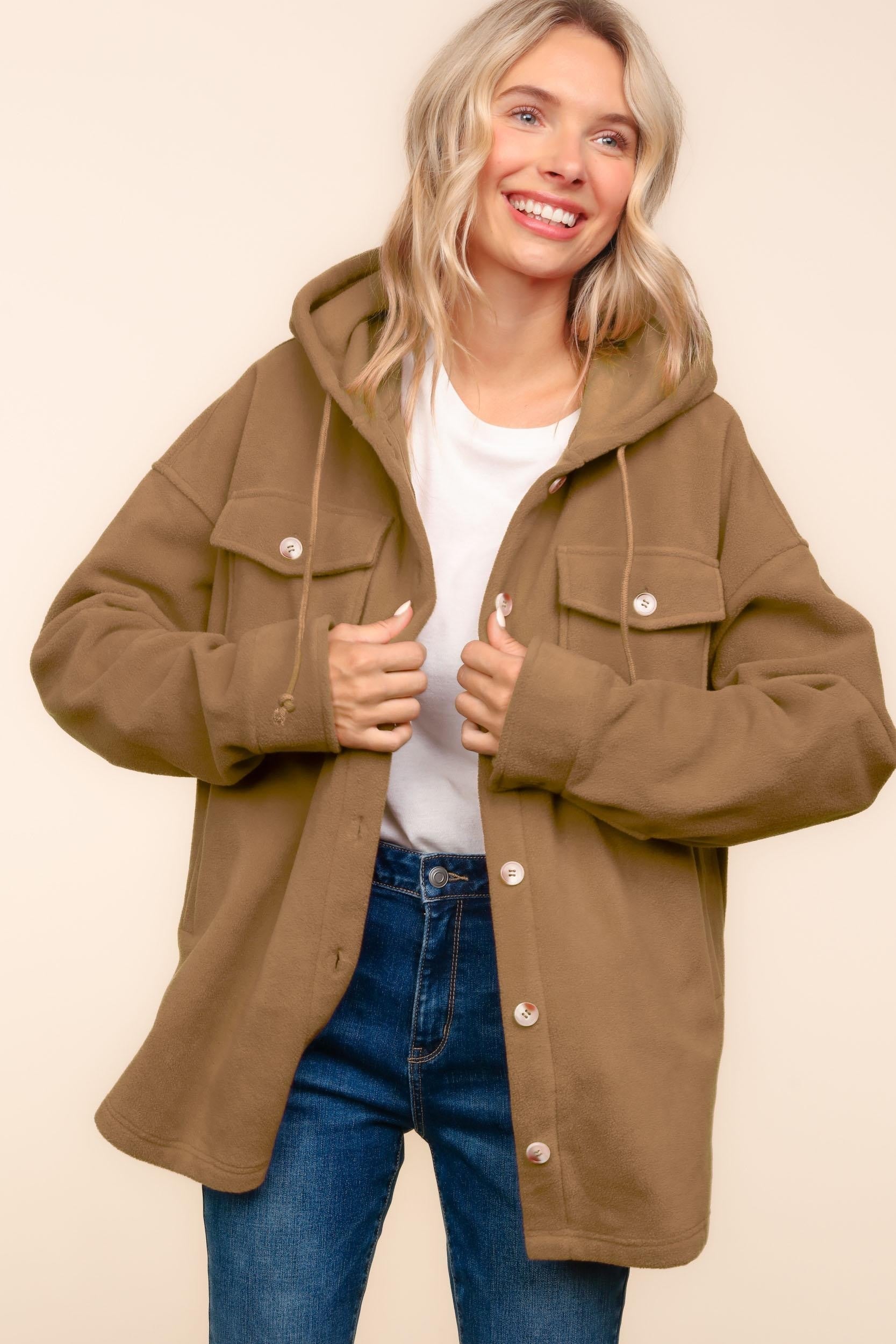 SOLID FLEECE BUTTON DOWN SHACKET WITH HOODIE