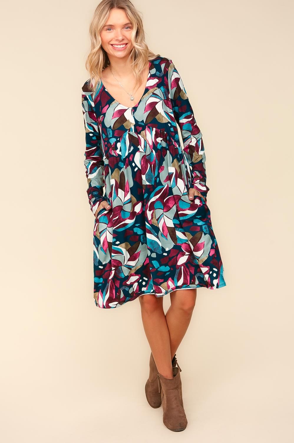 NAVY BABYDOLL EMPIRE WAIST ABSTRACT PRINT DRESS