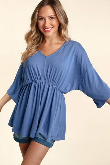 Plus Blue V Neck Dolman Three Quarter Sleeve Top