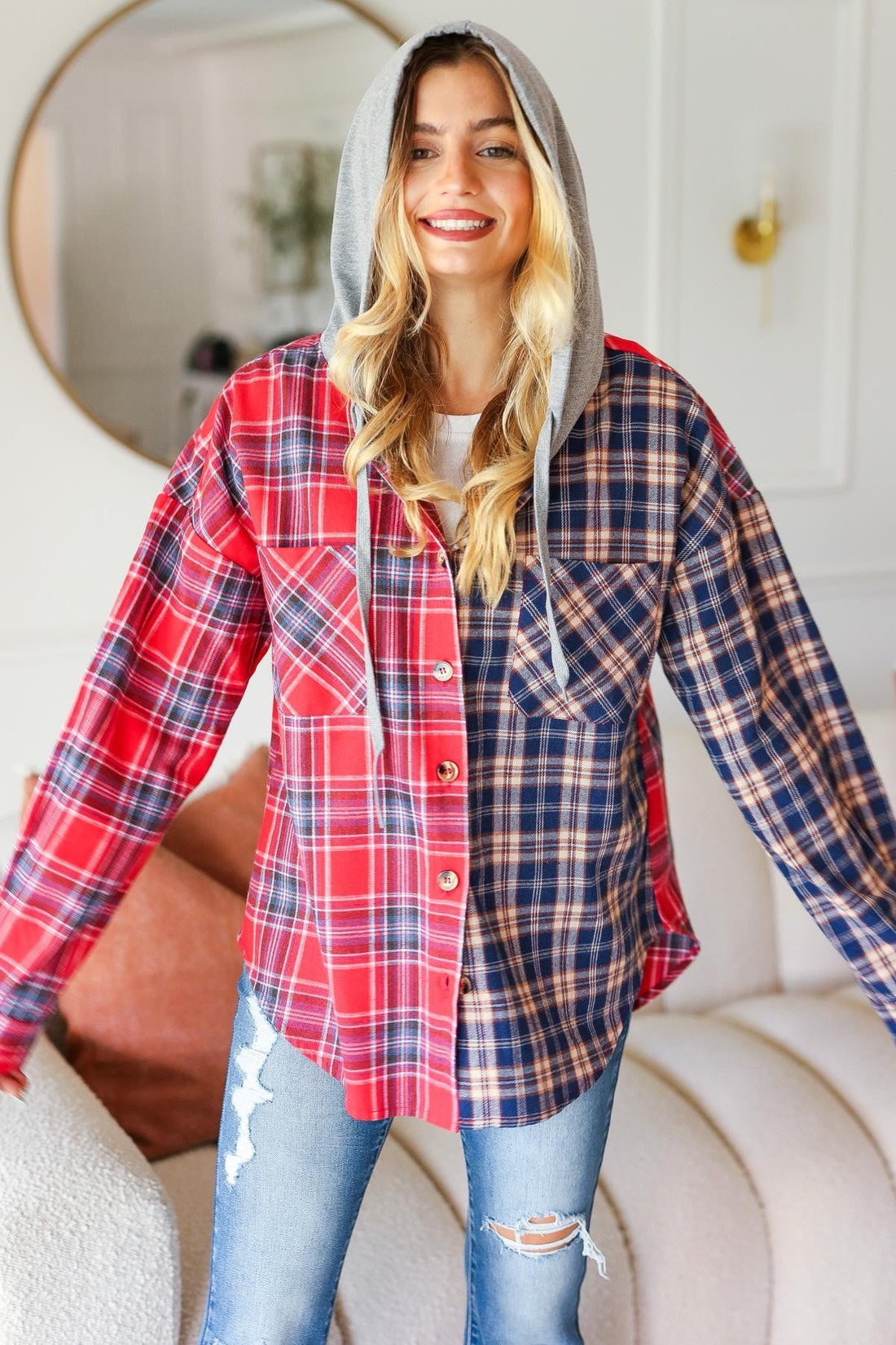 PLUS PLAID CHECK OVERSIZED JACKET WITH HOODIE