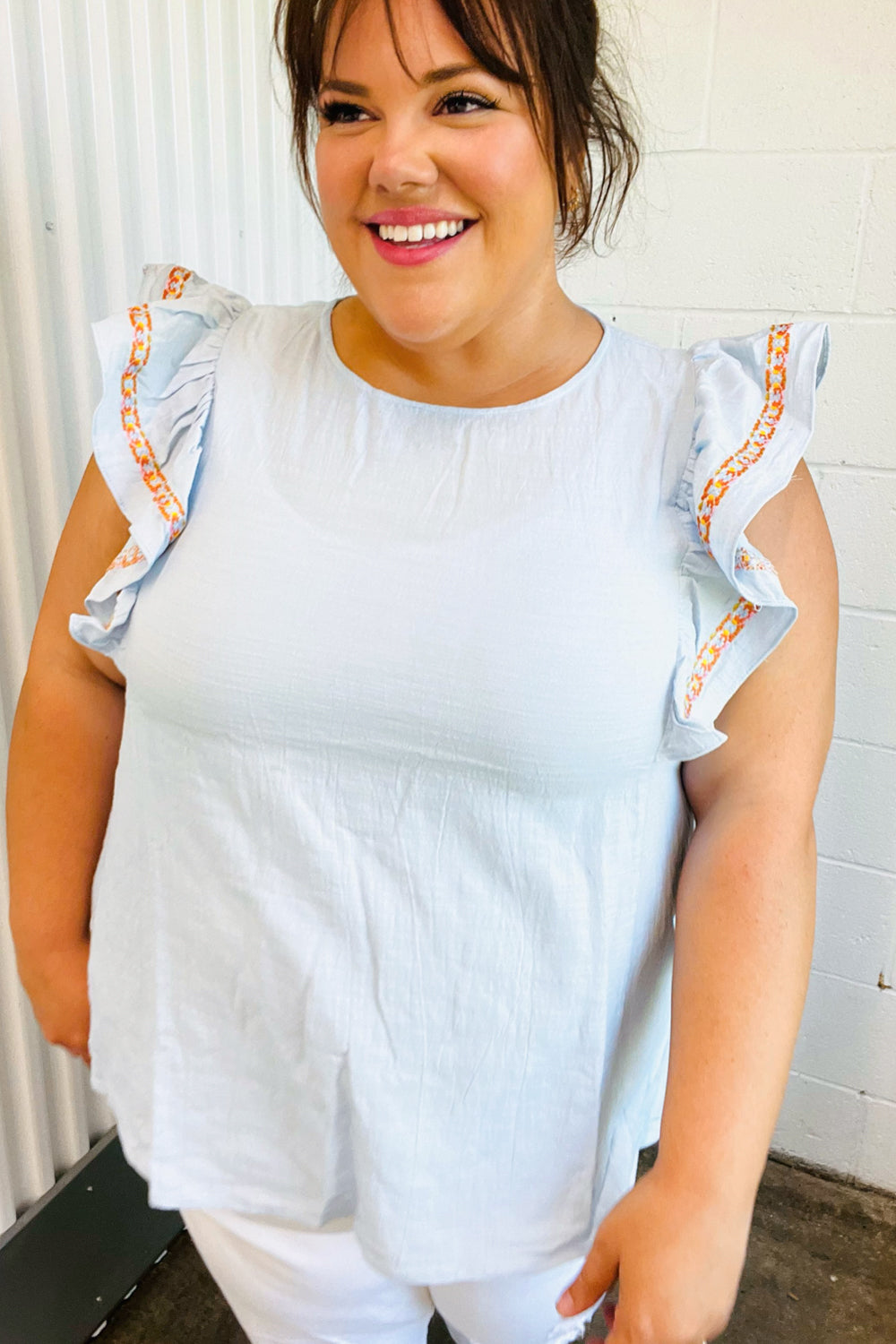 Chambray Embroidered Flutter Sleeve Top (Open Pack)