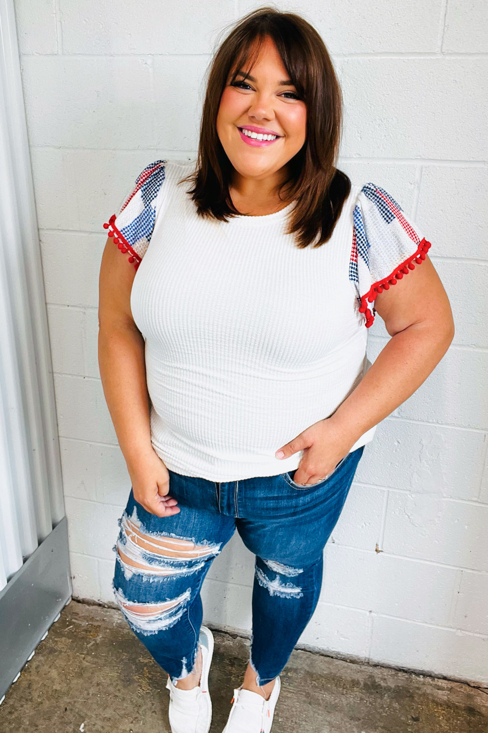 Patriotic Pom Pom Lace Flutter Sleeve Top (Open Pack)