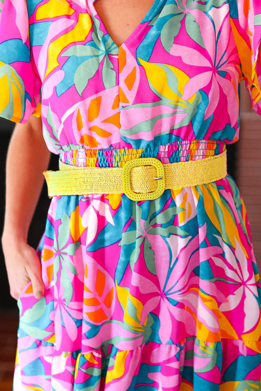 Yellow Woven Square Buckle Stretchy Belt (Open Pack)