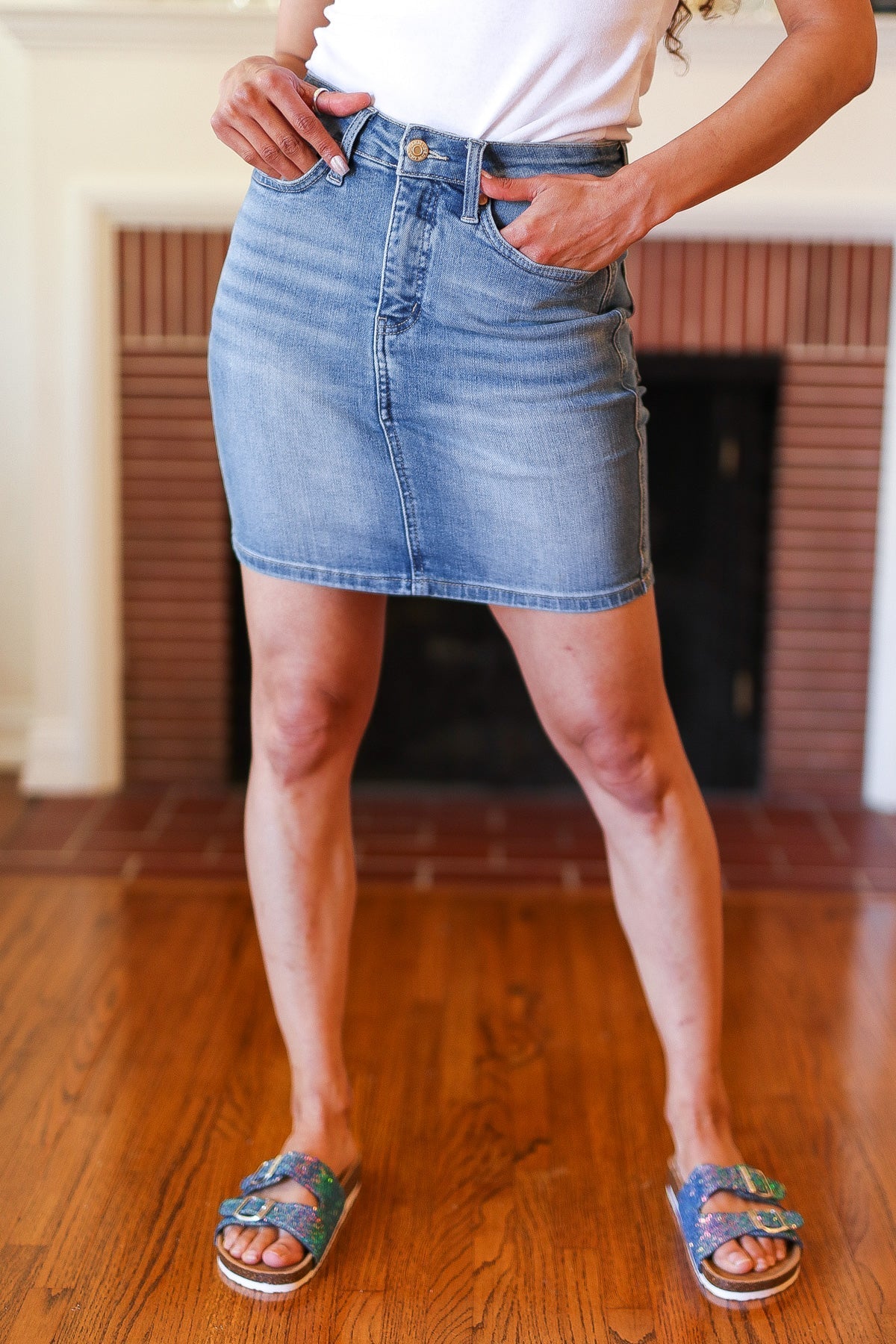 Judy Blue Medium Wash High Rise Tummy Control Denim Skirt (Open Pack)