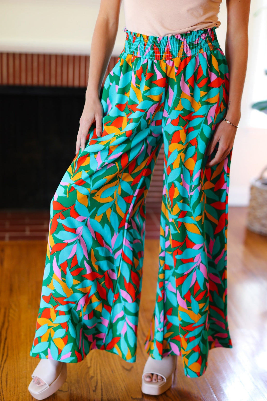 Summer Vibes Green & Orange Abstract Print Smocked Palazzo Pants (Open Pack)