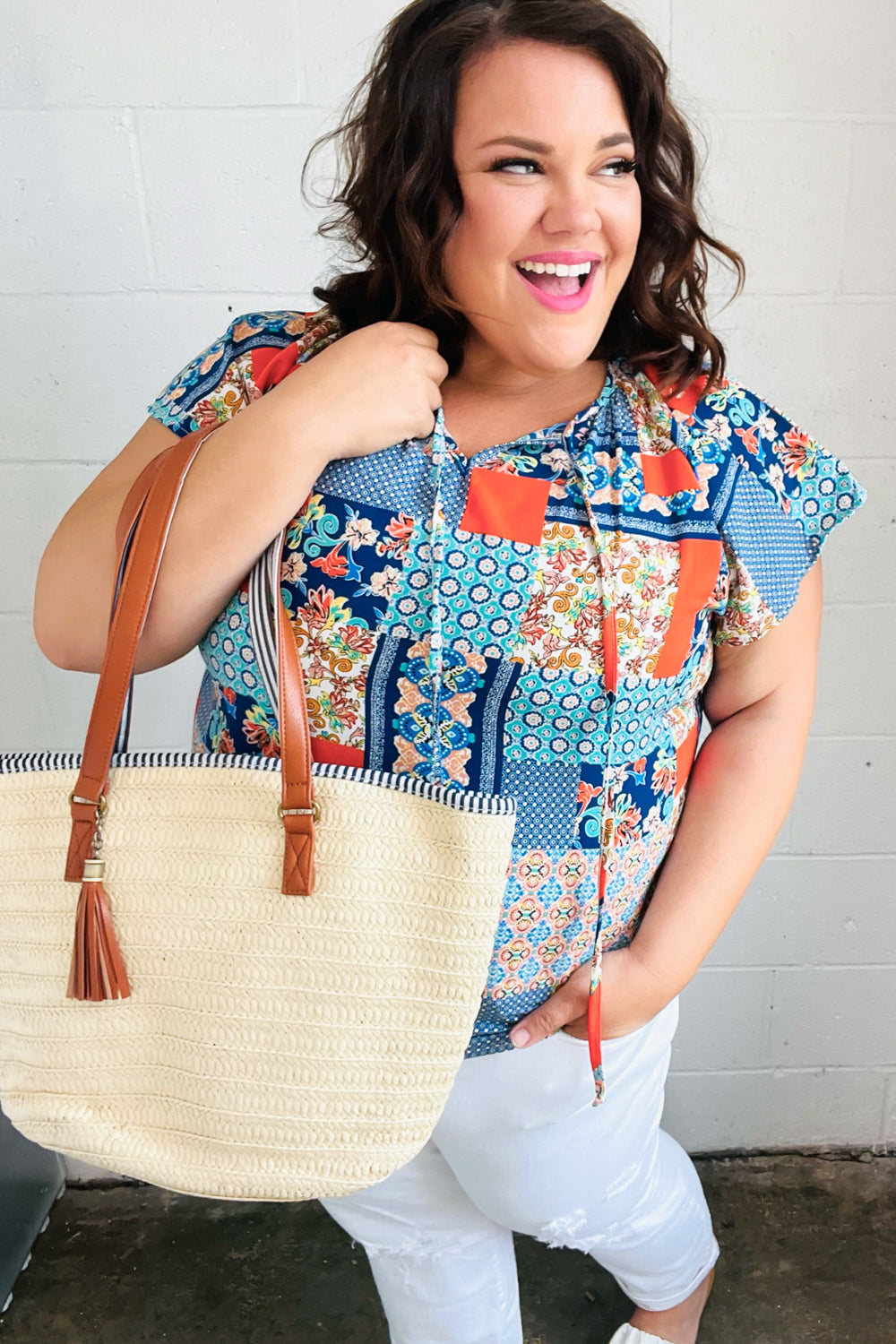 Blue & Orange Boho Patchwork Raglan Top (Open Pack)