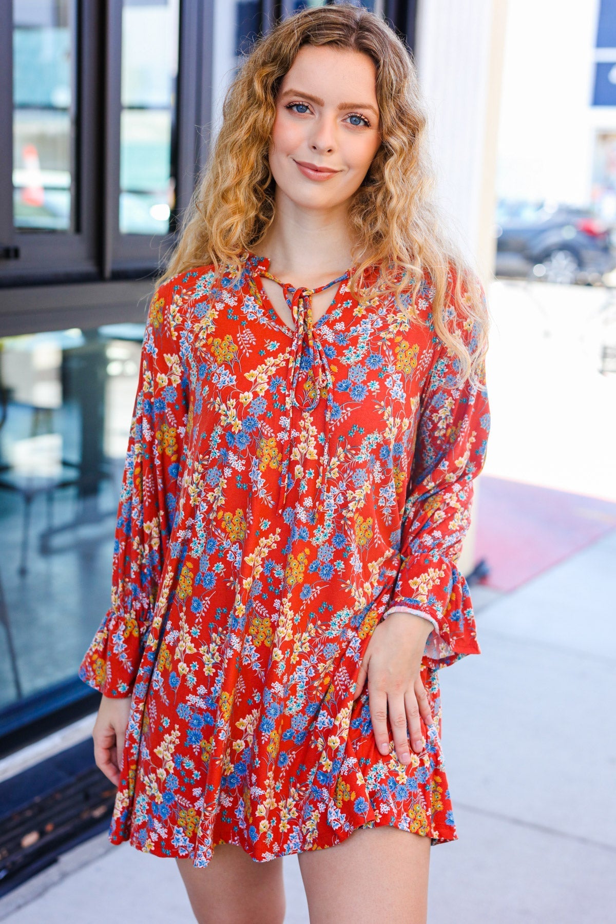 Under Your Spell Rust Floral Tie Front Elastic Bell Sleeve Dress (Open Pack)