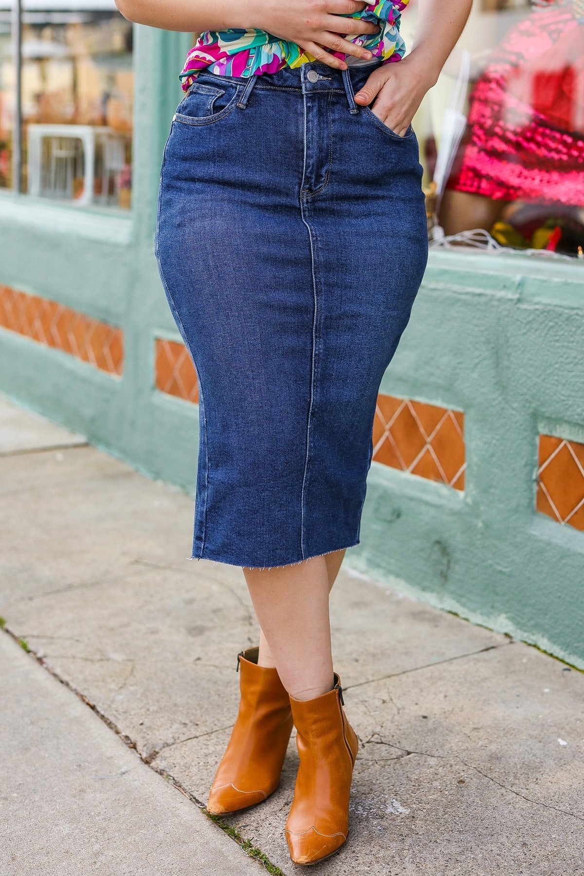 Easy To Love Dark Denim High Rise Back Slit Midi Length Skirt (Open Pack)