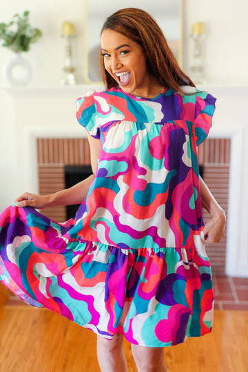 Go For Fun Fuchsia Geo Print Tiered Ruffle Sleeve Woven Dress (Open Pack)