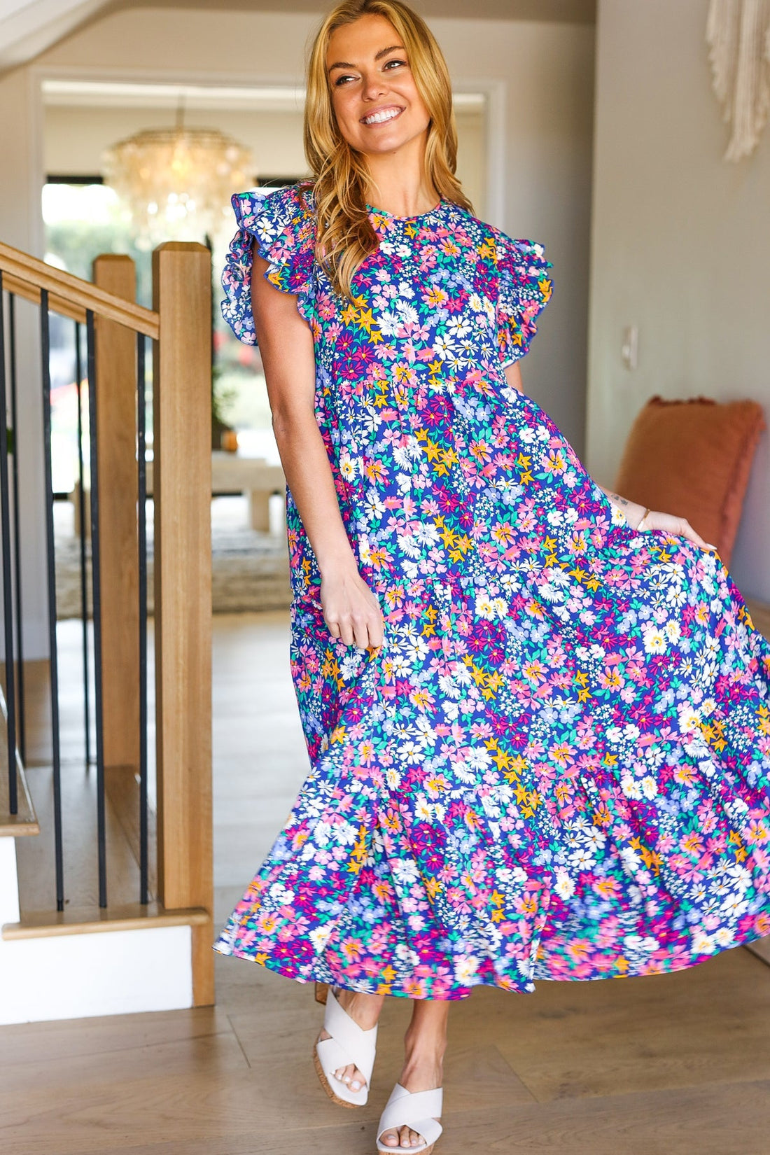 Just A Dream Navy Floral Smocked Ruffle Sleeve Maxi Dress (Open Pack)