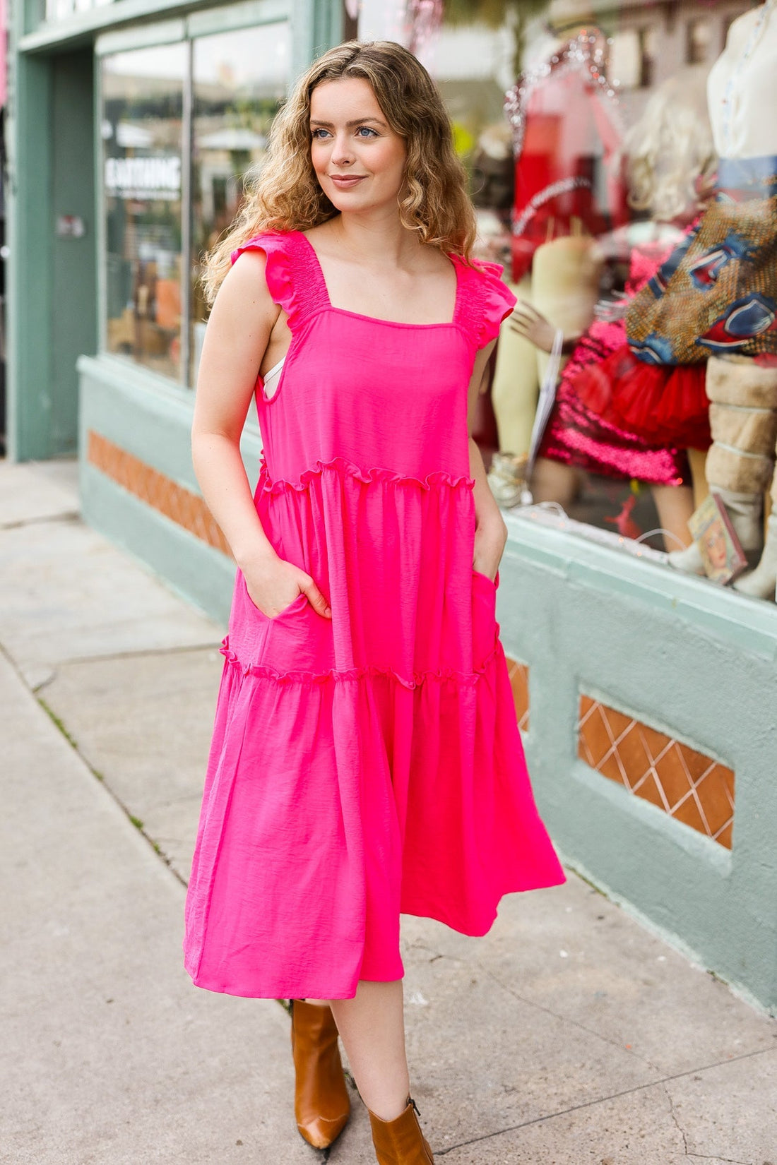 Lots To Love Fuchsia Smocked Flutter Sleeve Tiered Midi Dress (Open Pack)