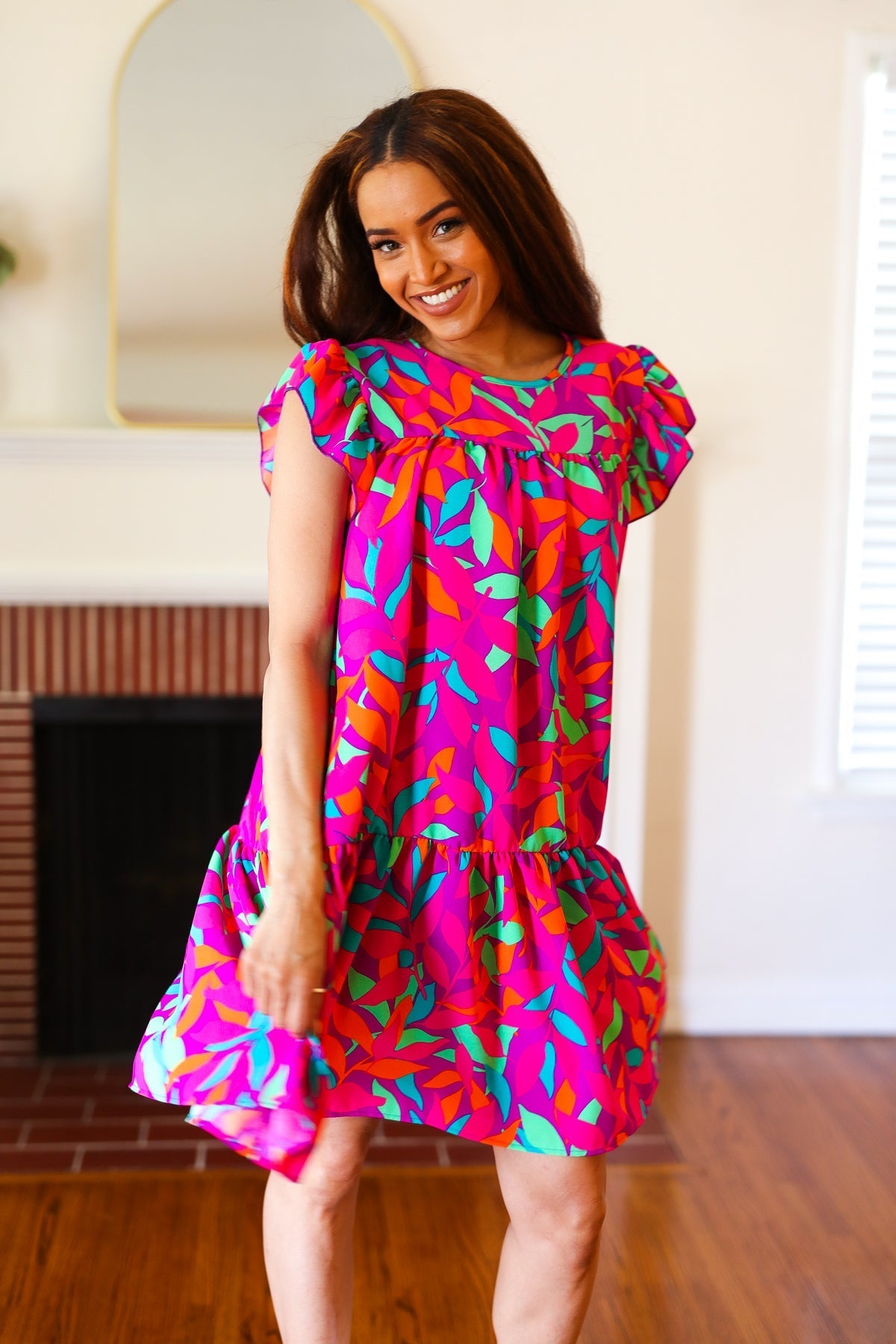 You Got This Purple Abstract Floral Print Tiered Ruffle Sleeve Dress (Open Pack)