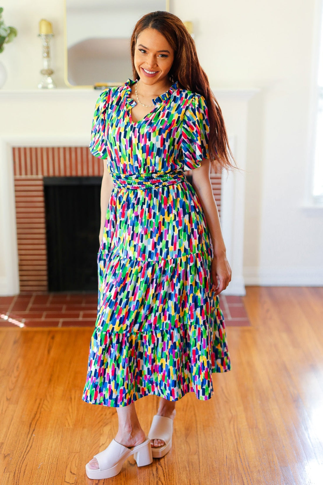 All For You Navy Multicolor Abstract Print Smocked Waist Maxi Dress (Open Pack)